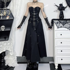 Black Gothic Punk Lace Up Long Skirt