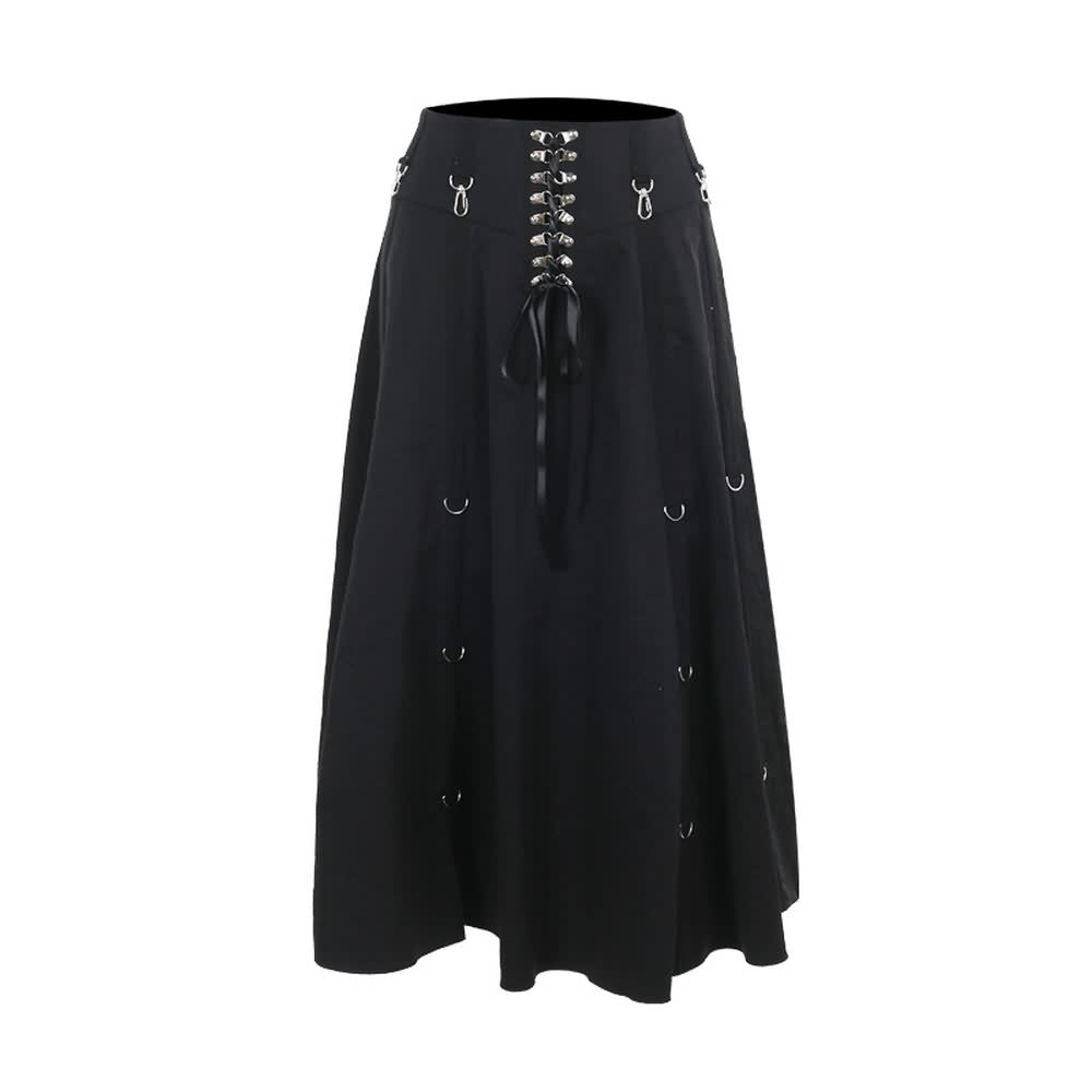 Black Gothic Punk Lace Up Long Skirt