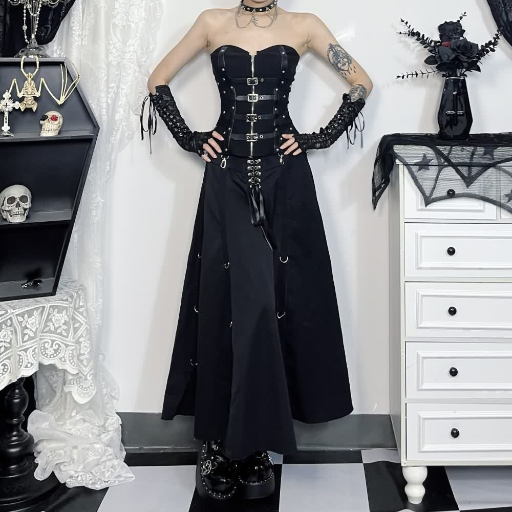 Black Gothic Punk Lace Up Long Skirt