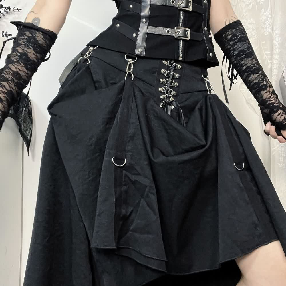 Black Gothic Punk Lace Up Long Skirt