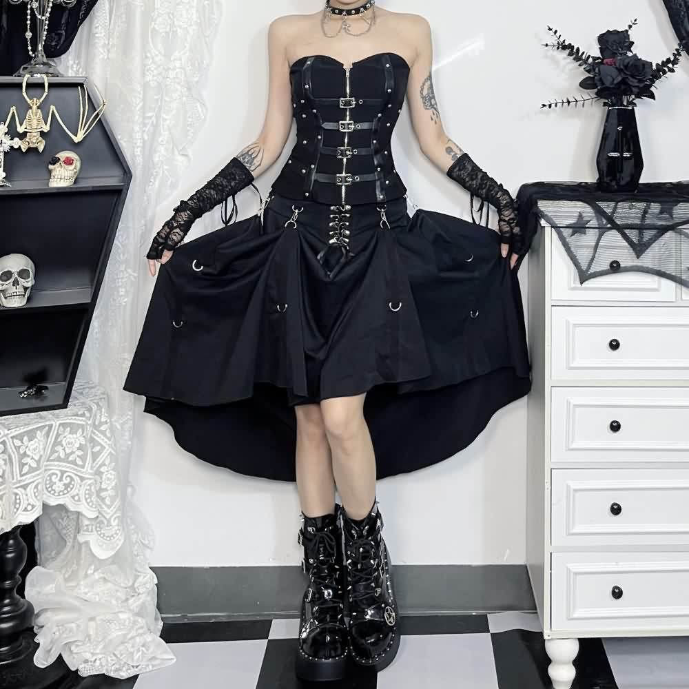 Black Gothic Punk Lace Up Long Skirt