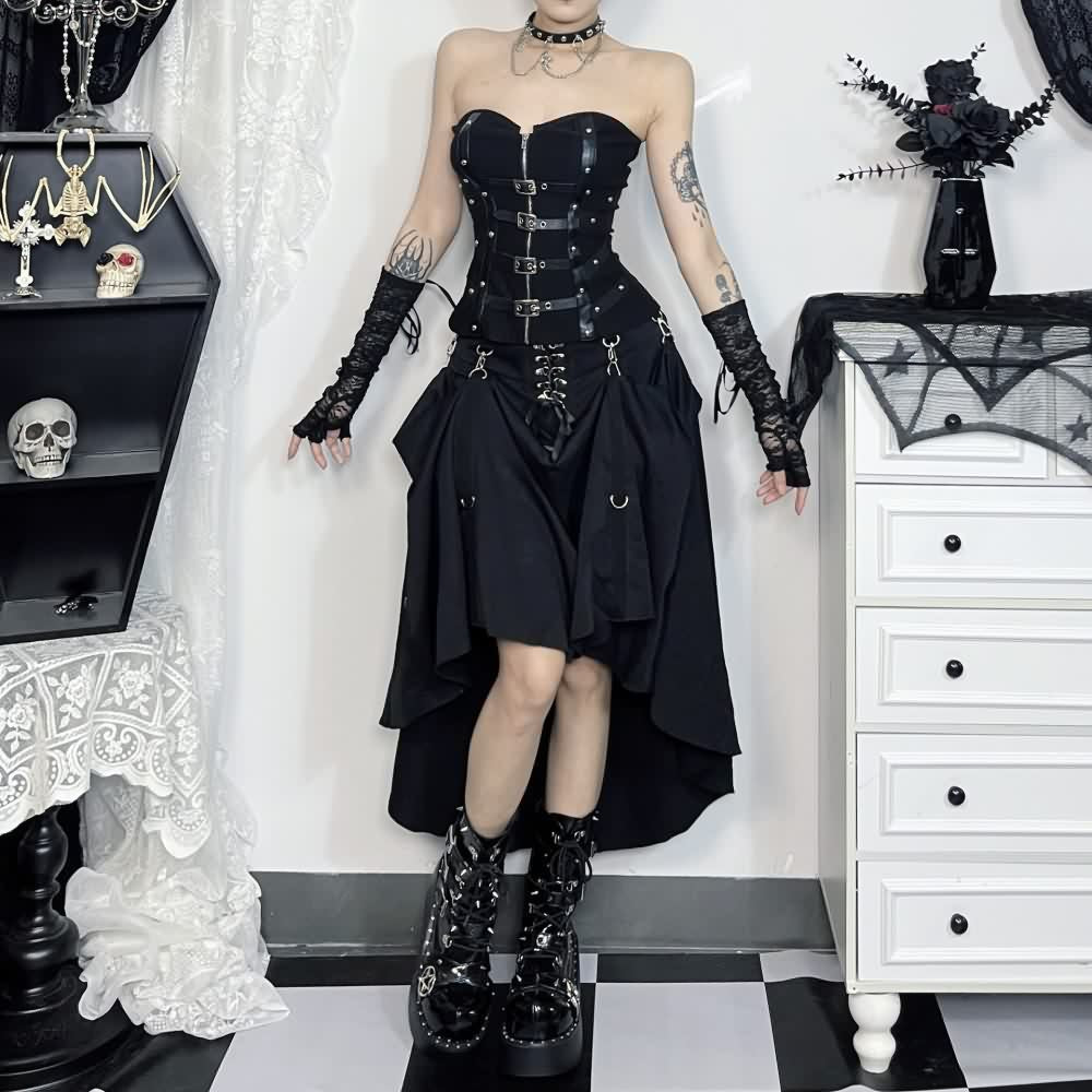 Black Gothic Punk Lace Up Long Skirt