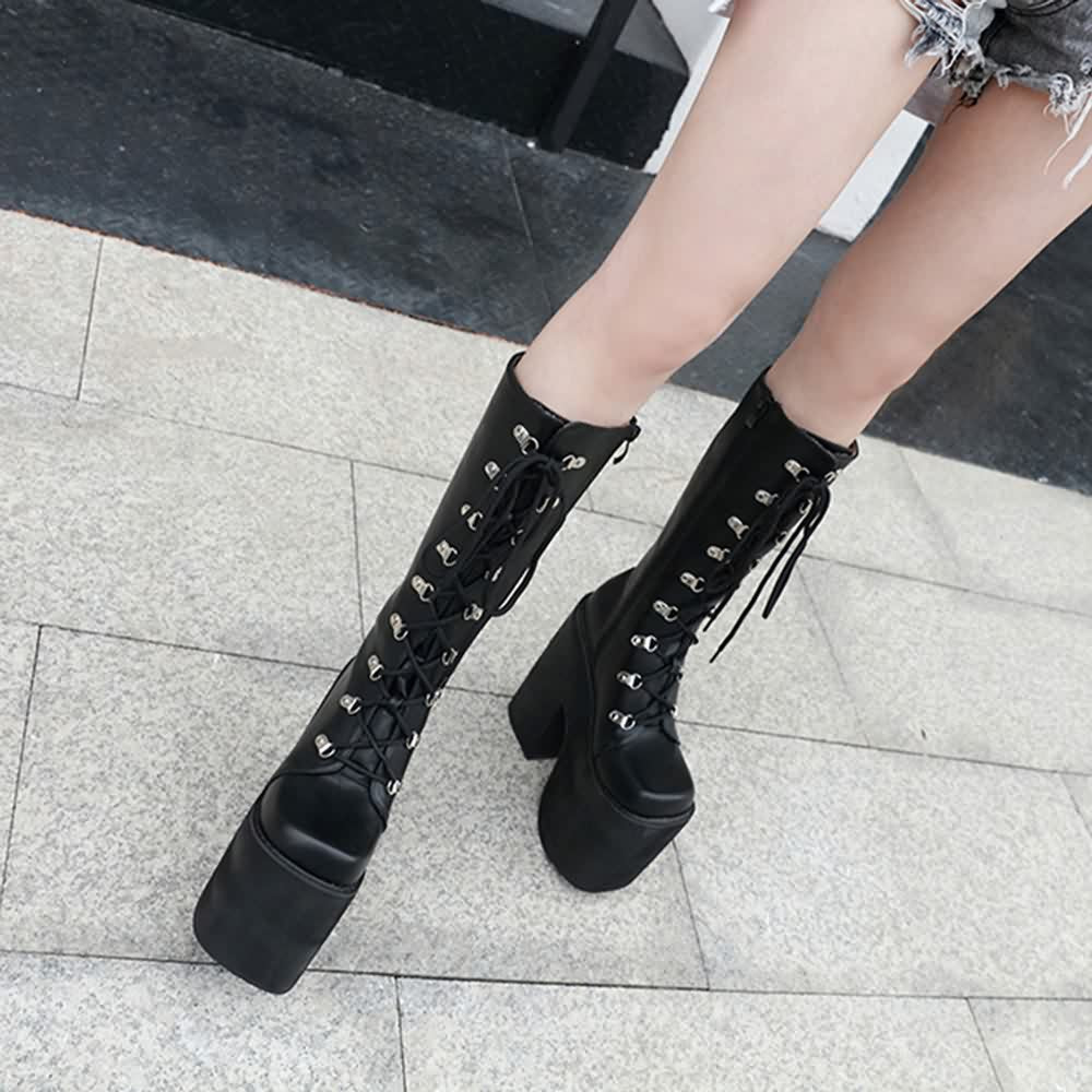 Black Gothic Punk Lace Up Mid Calf Chunky Platform Boots