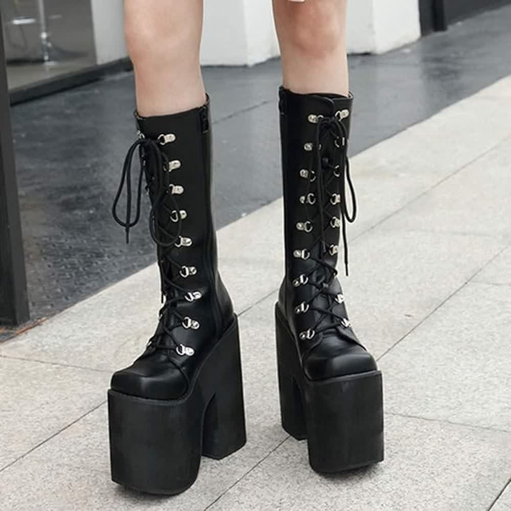 Black Gothic Punk Lace Up Mid Calf Chunky Platform Boots