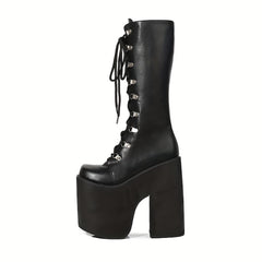 Black Gothic Punk Lace Up Mid Calf Chunky Platform Boots