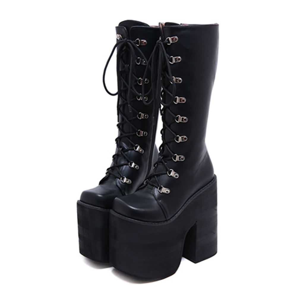 Black Gothic Punk Lace Up Mid Calf Chunky Platform Boots