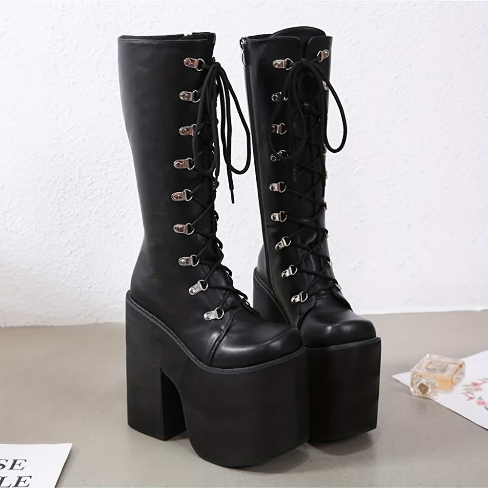 Black Gothic Punk Lace Up Mid Calf Chunky Platform Boots