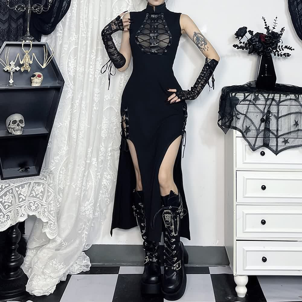 Black Gothic Punk Lace Up Slit Midi Dress