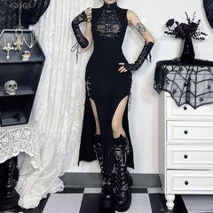 Black Gothic Punk Lace Up Slit Midi Dress