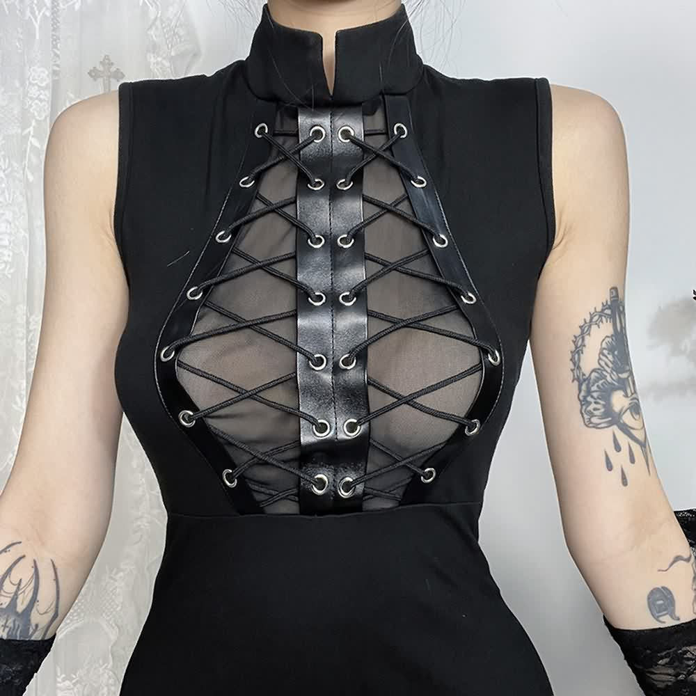 Black Gothic Punk Lace Up Slit Midi Dress