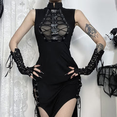 Black Gothic Punk Lace Up Slit Midi Dress