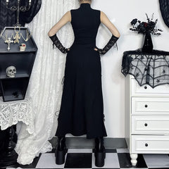 Black Gothic Punk Lace Up Slit Midi Dress