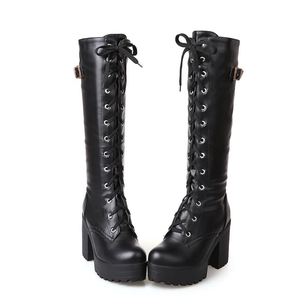 Black Gothic Punk Leather Lace Up Knee High Platform Boots