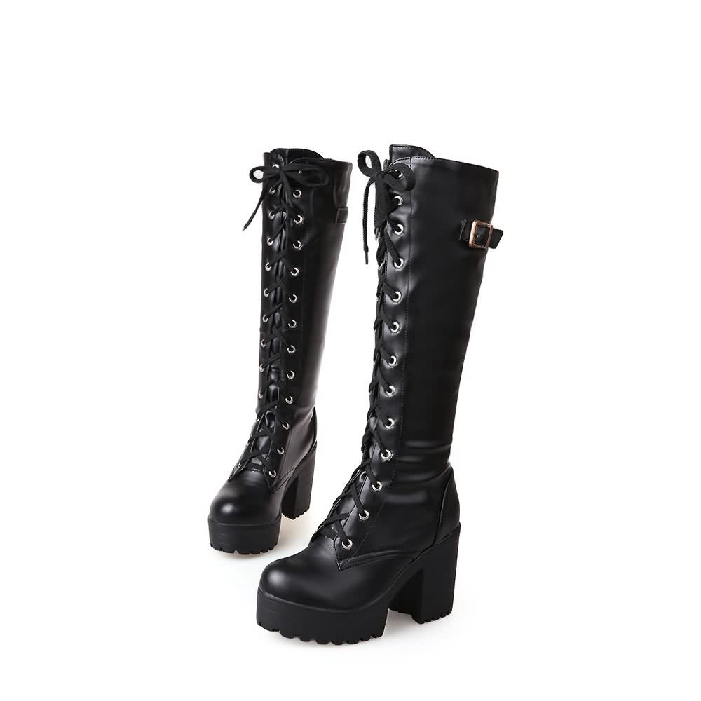 Black Gothic Punk Leather Lace Up Knee High Platform Boots