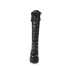 Black Gothic Punk Leather Lace Up Knee High Platform Boots