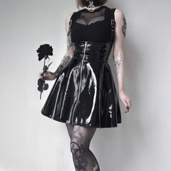 Black Gothic Punk Patent Leather Overall Skirt