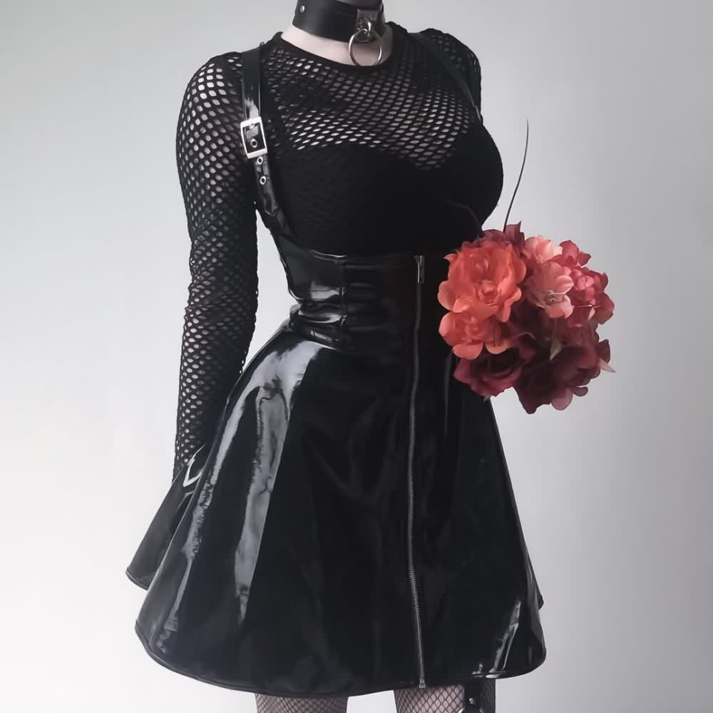 Black Gothic Punk Patent Leather Overall Skirt