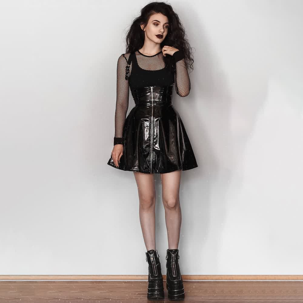 Black Gothic Punk Patent Leather Overall Skirt