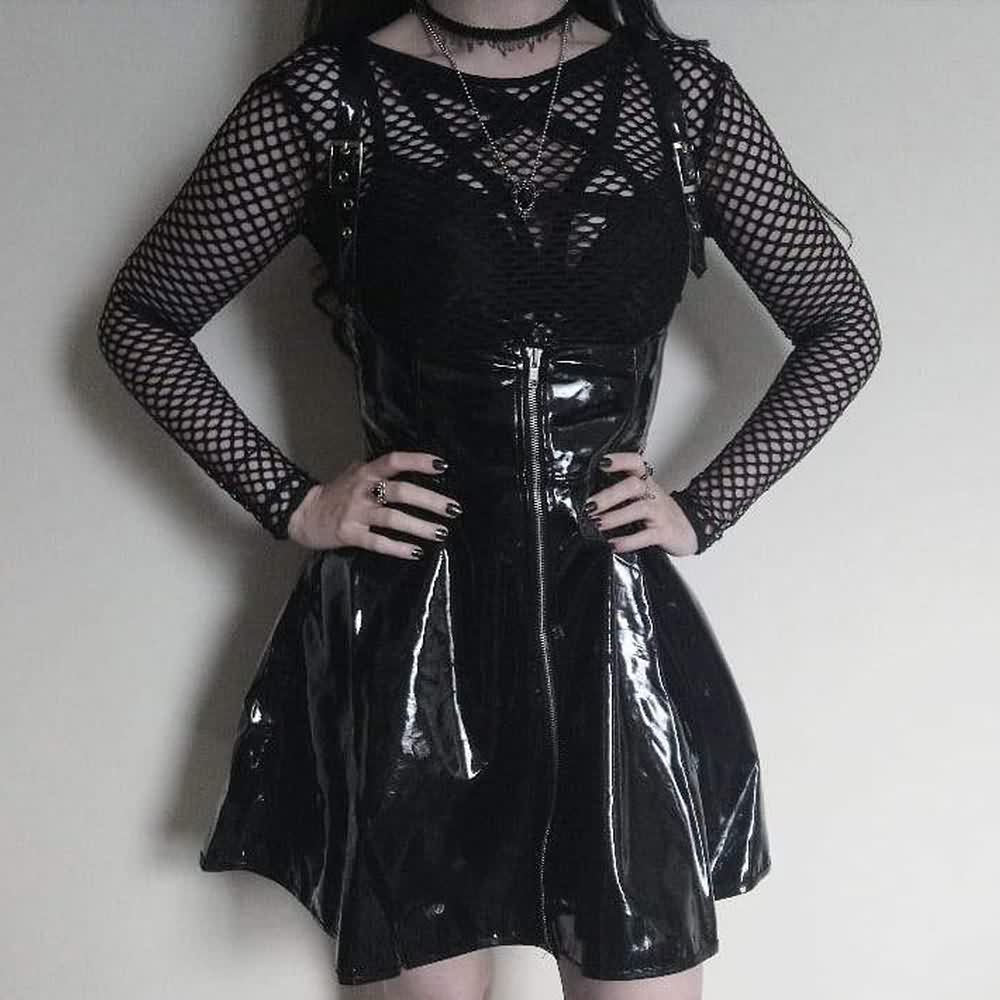 Black Gothic Punk Patent Leather Overall Skirt