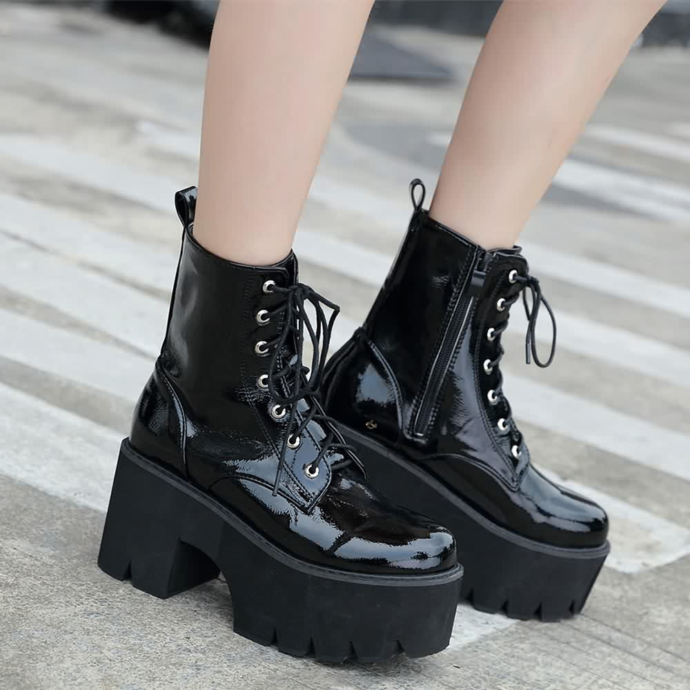 Black Gothic Punk Patent Leather Platform Ankle Boots