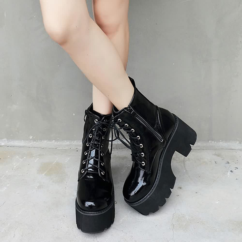 Black Gothic Punk Patent Leather Platform Ankle Boots