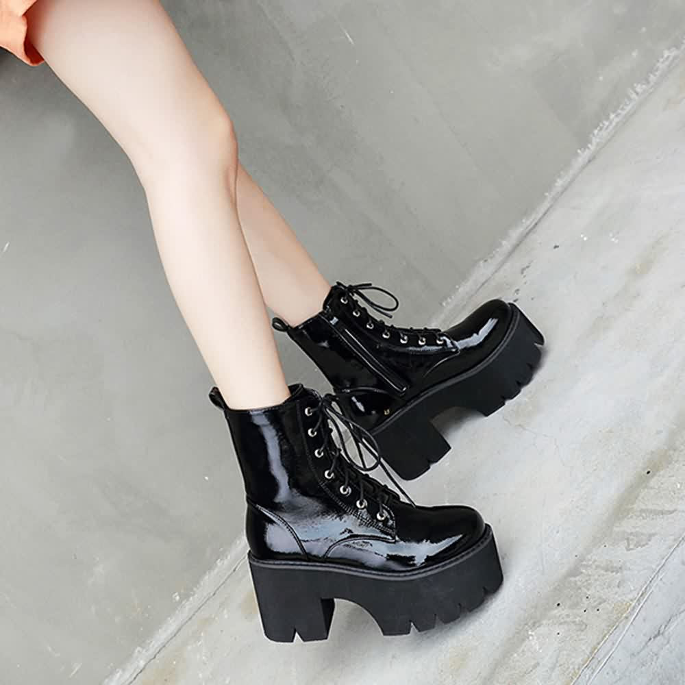 Black Gothic Punk Patent Leather Platform Ankle Boots