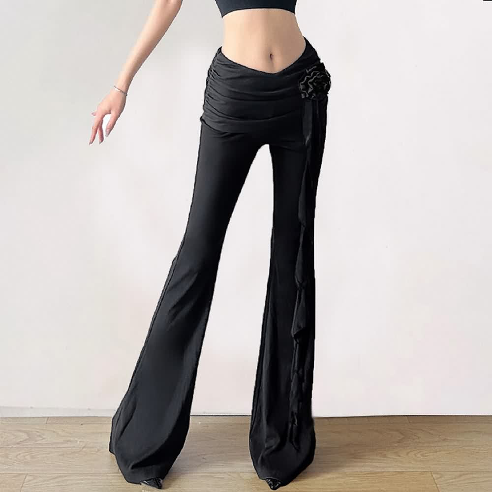 Black Gothic Ruched High Waist Flare Pants