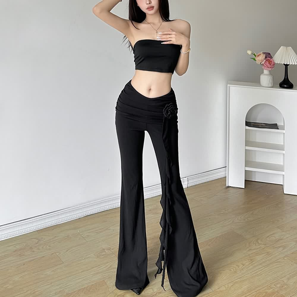 Black Gothic Ruched High Waist Flare Pants