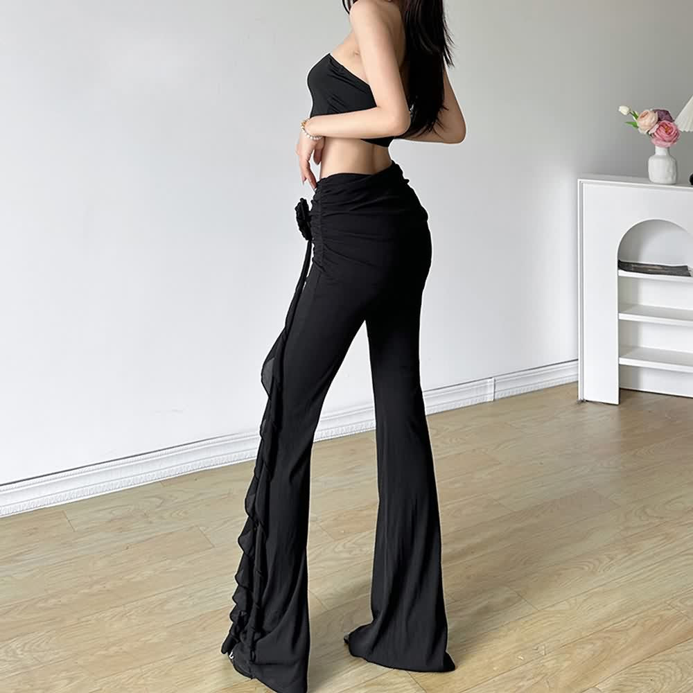 Black Gothic Ruched High Waist Flare Pants