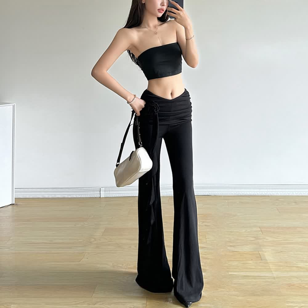 Black Gothic Ruched High Waist Flare Pants