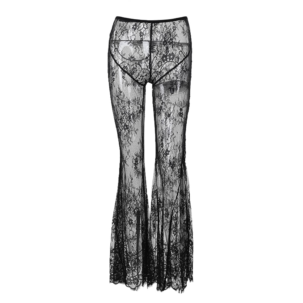 Black Gothic Sheer Lace Flare Pants