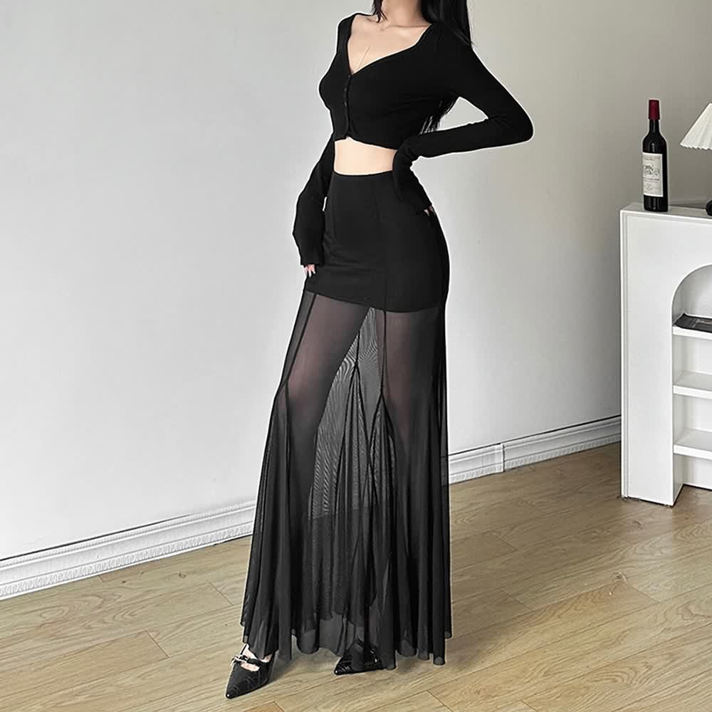 Black Gothic Sheer Mesh Maxi Skirt