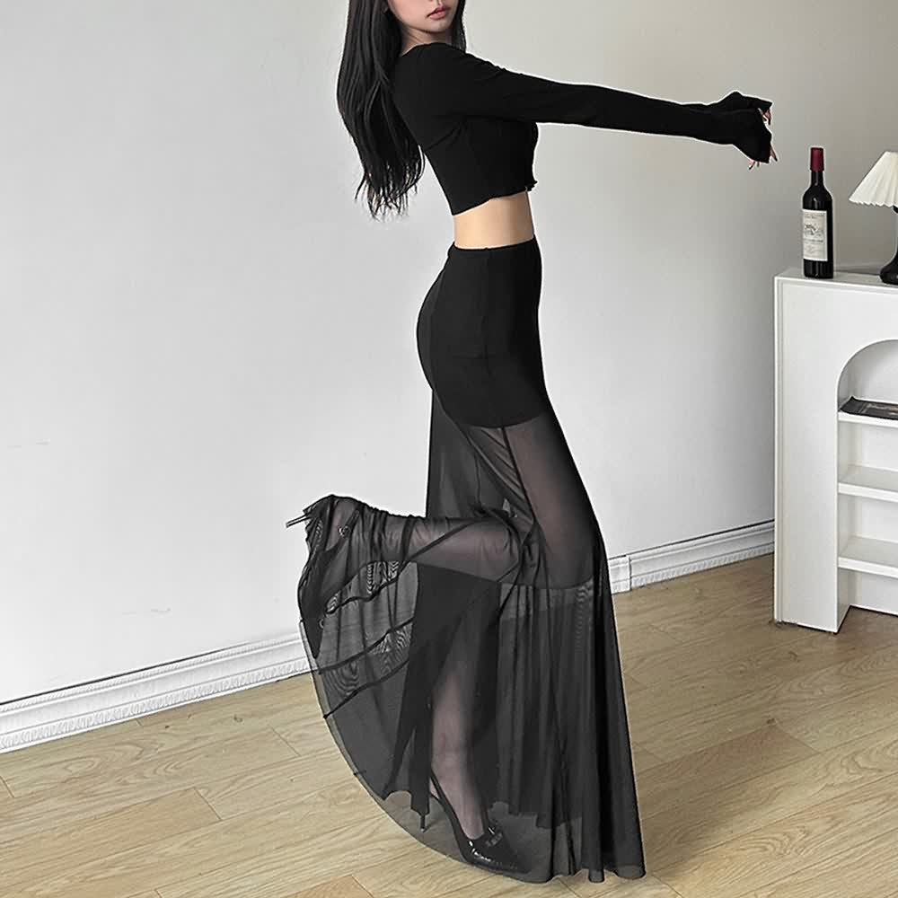 Black Gothic Sheer Mesh Maxi Skirt