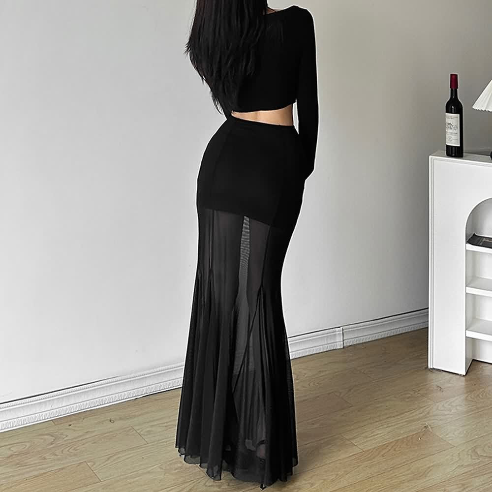 Black Gothic Sheer Mesh Maxi Skirt