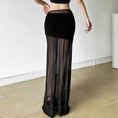 Black Gothic Sheer Mesh Overlay Maxi Skirt