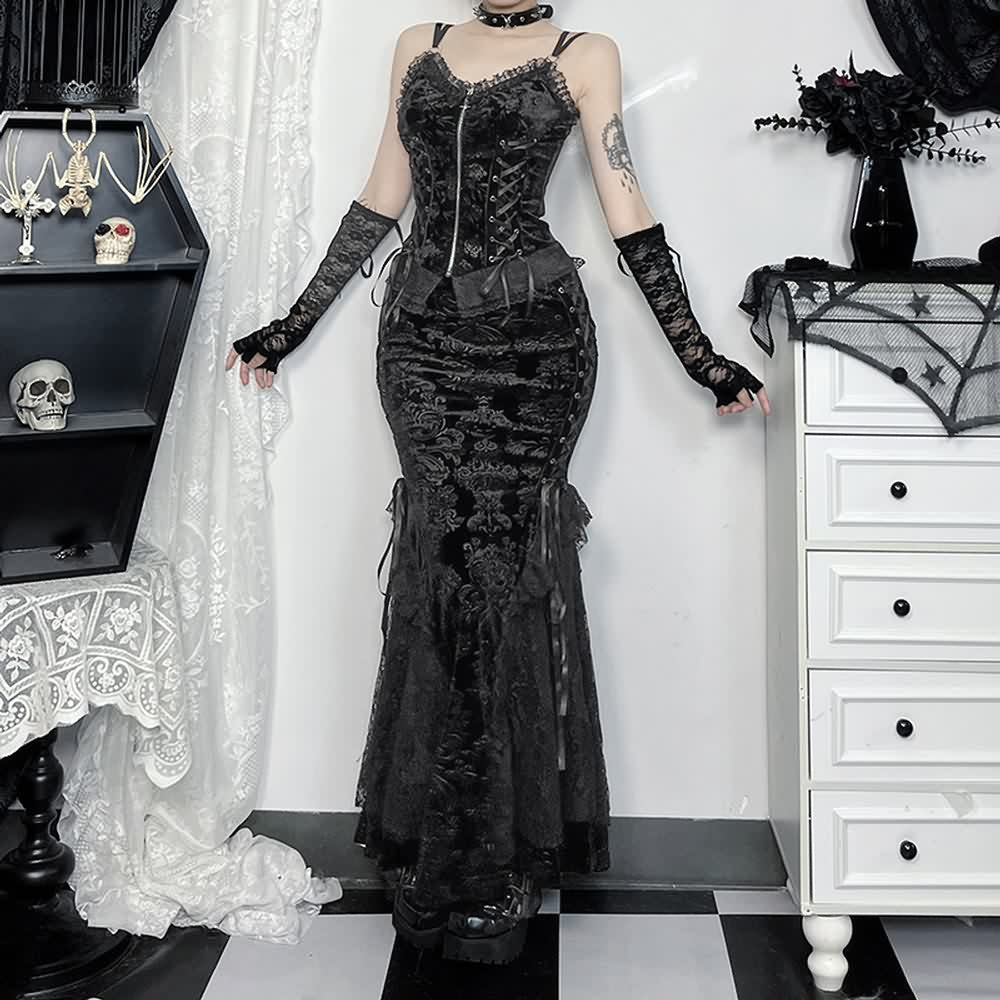 Black Gothic Velvet Cami Top And Maxi Skirt