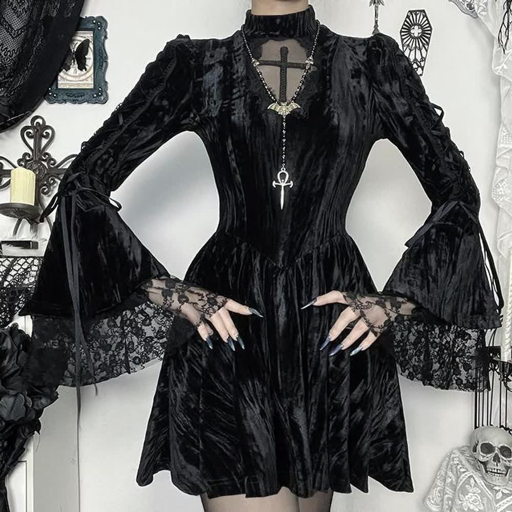 Black Gothic Velvet Long Sleeve Mini Dress