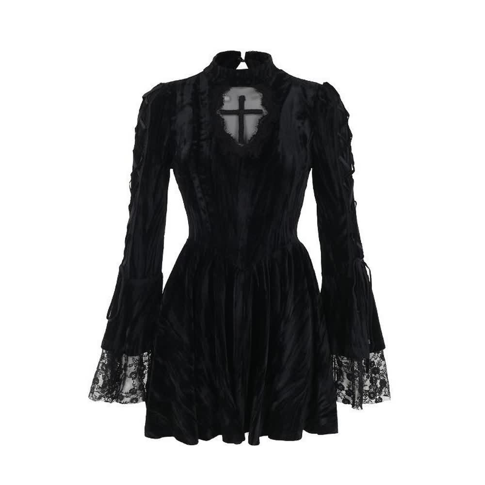 Black Gothic Velvet Long Sleeve Mini Dress