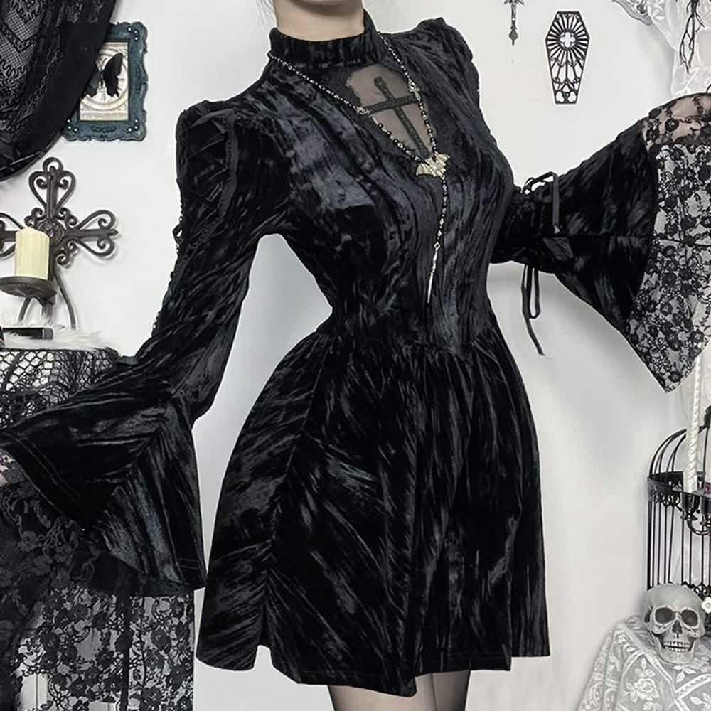 Black Gothic Velvet Long Sleeve Mini Dress