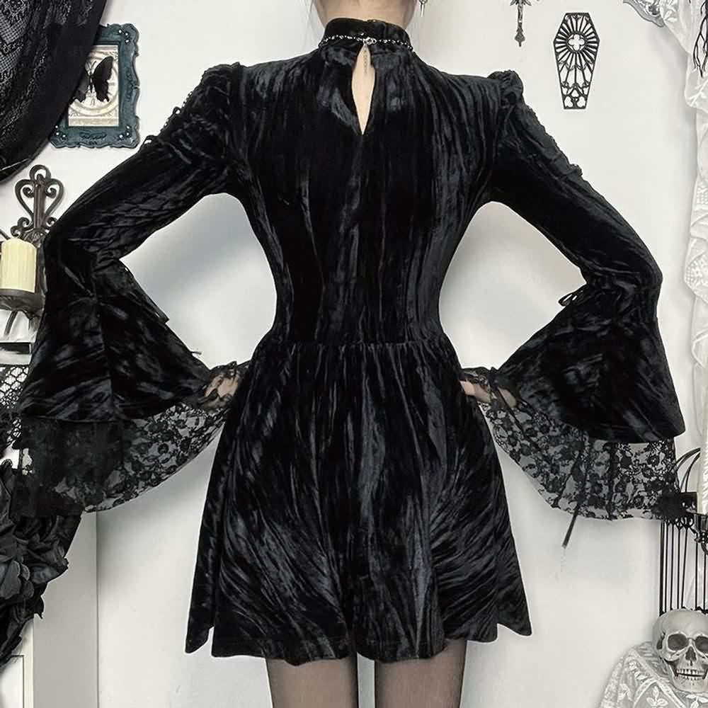 Black Gothic Velvet Long Sleeve Mini Dress