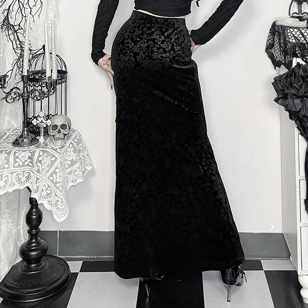 Black Gothic Velvet Ruffle Slit Maxi Skirt