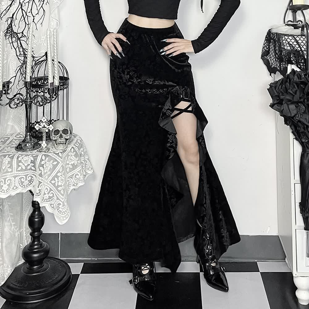 Black Gothic Velvet Ruffle Slit Maxi Skirt