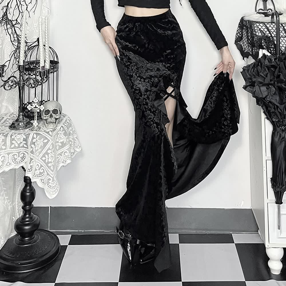 Black Gothic Velvet Ruffle Slit Maxi Skirt