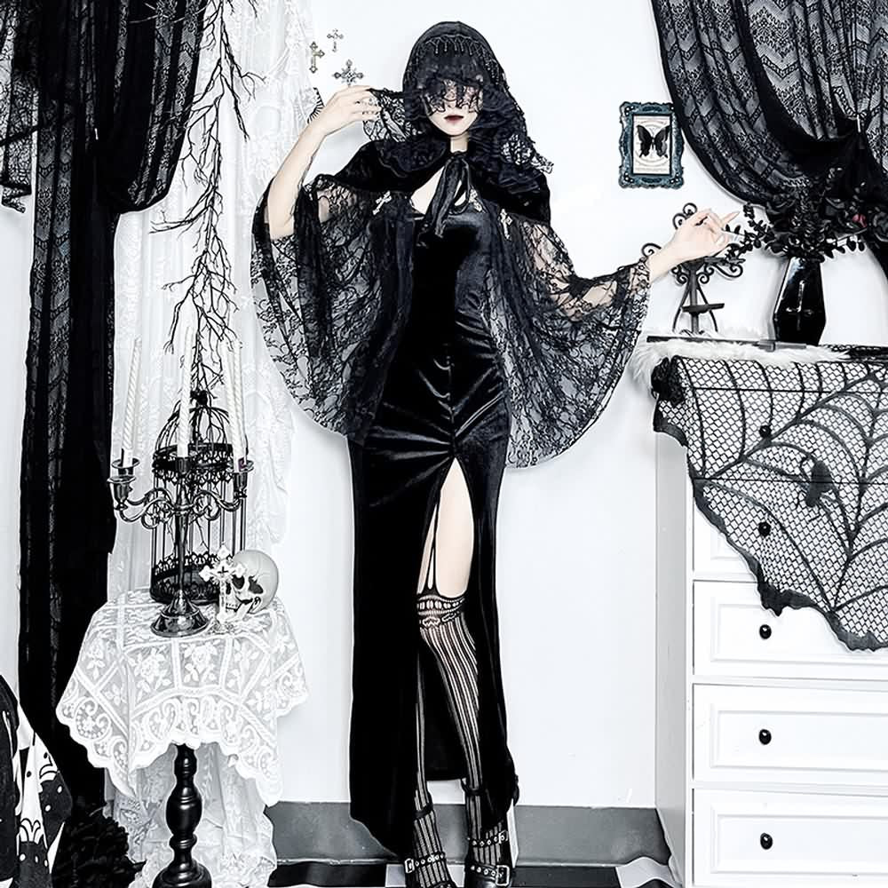 Black Gothic Witch Lace Hooded Cloak