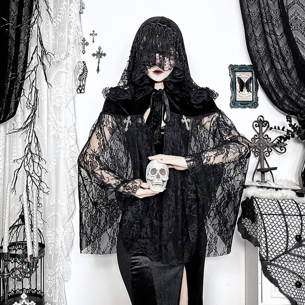 Black Gothic Witch Lace Hooded Cloak