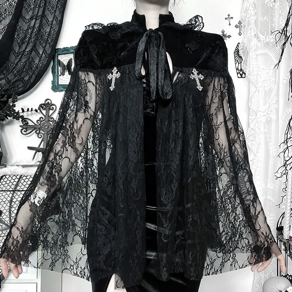 Black Gothic Witch Lace Hooded Cloak