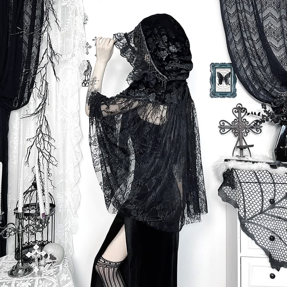 Black Gothic Witch Lace Hooded Cloak