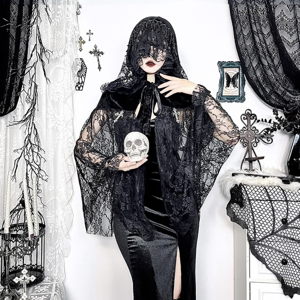 Black Gothic Witch Lace Hooded Cloak