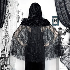 Black Gothic Witch Lace Hooded Cloak