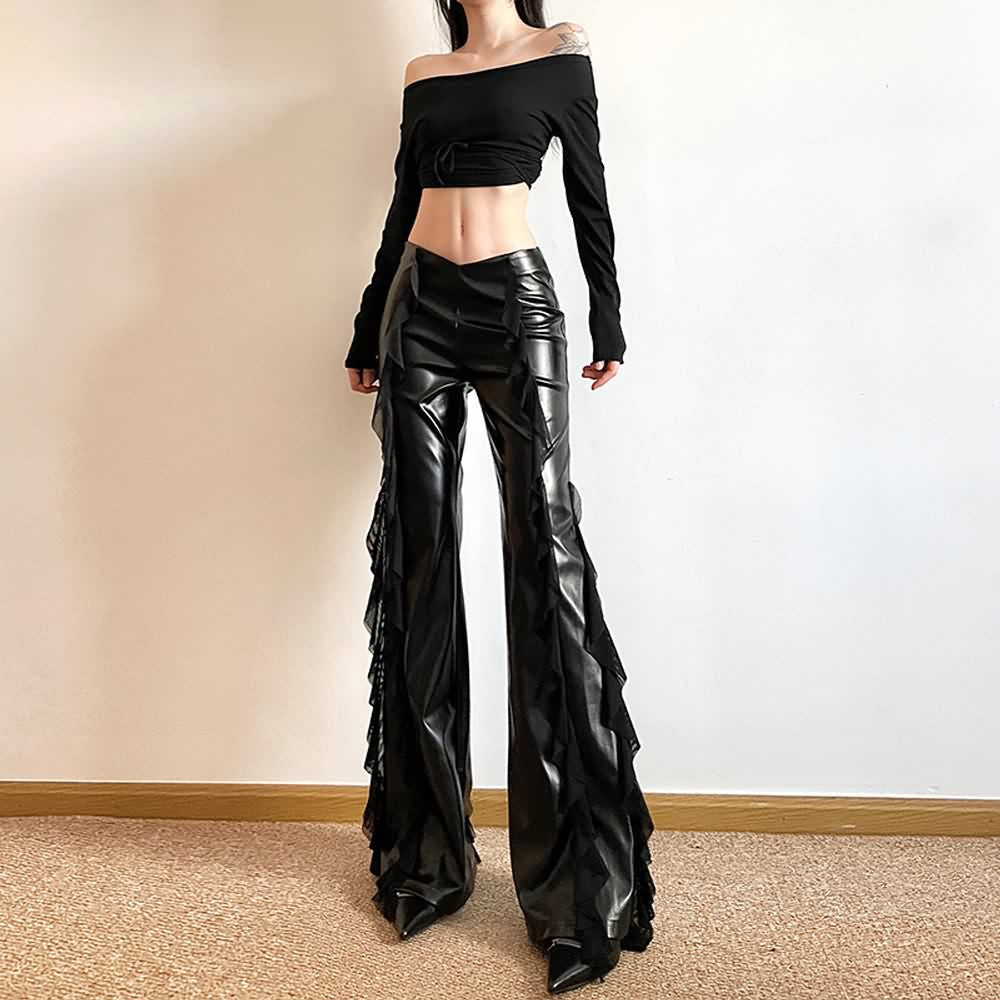 Black Leather Ruffle High Waist Flare Pants